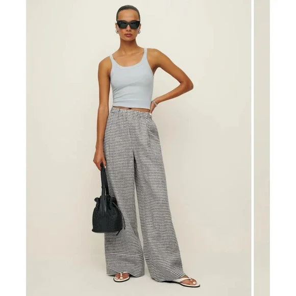 Reformation Gingham Wide Leg Pants Elastic Waist Trousers Pants Fernando Linen - Picture 2 of 9